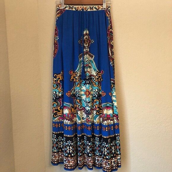 Forever 21 Womens Maxi Skirt Med Blue Boho Chic Ethnic Maximalist Hippie Gypsy - Picture 1 of 7